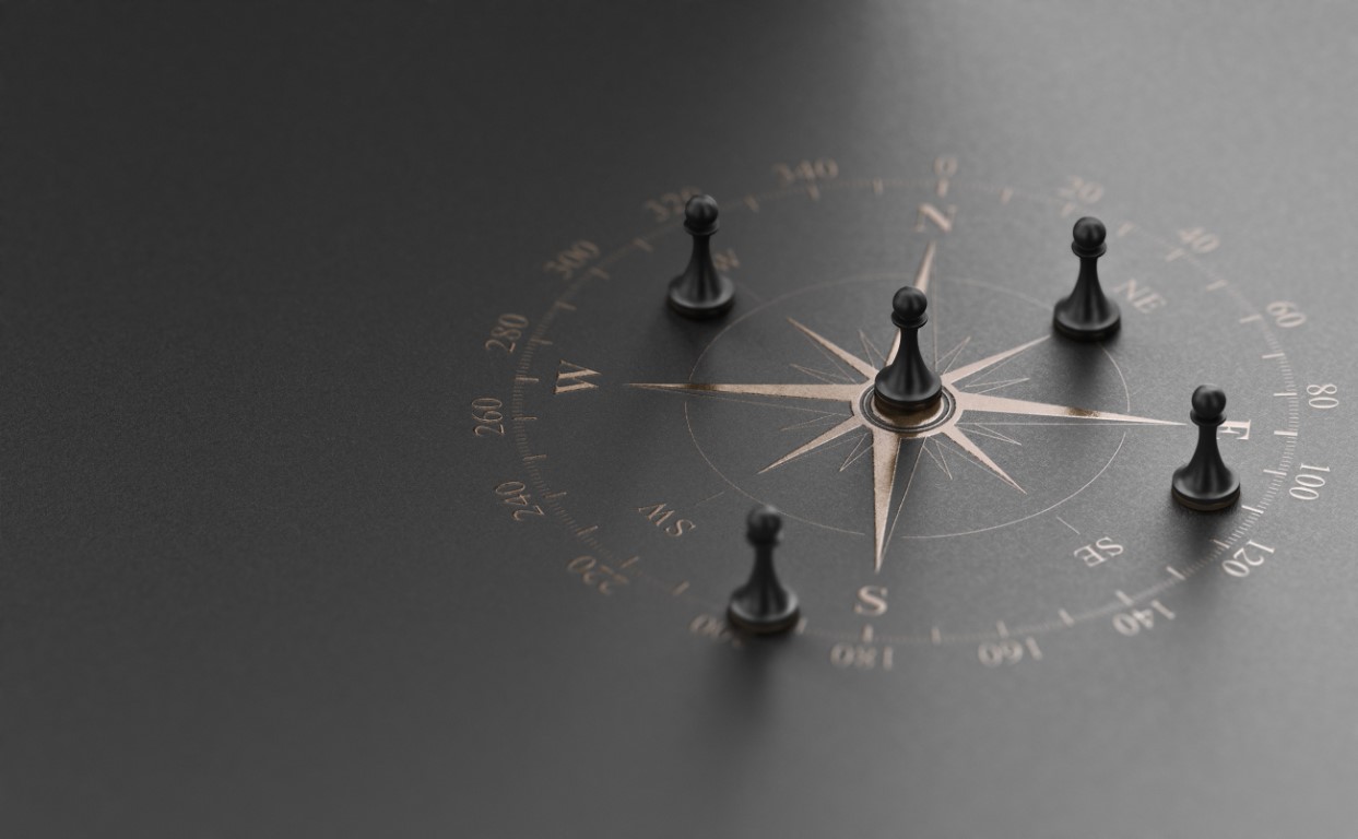 Golden compass rose over black background with five pawns. Business advice  or strategic marketing  concept. 3D illustration.