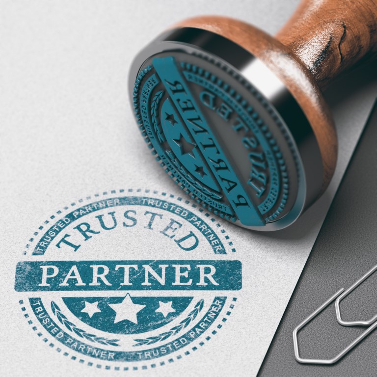 Trusted partner mark imprinted on a paper background with rubber stamp. Concept of trust in business and partnership. 3D illustration